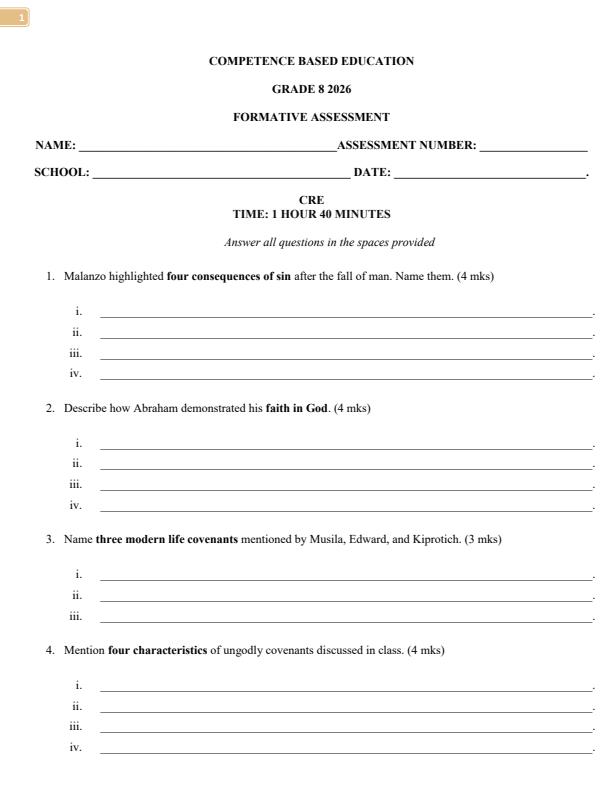 Page 1 – Grade 8 CRE April 2026 Holiday Assignment – Kenyaplex