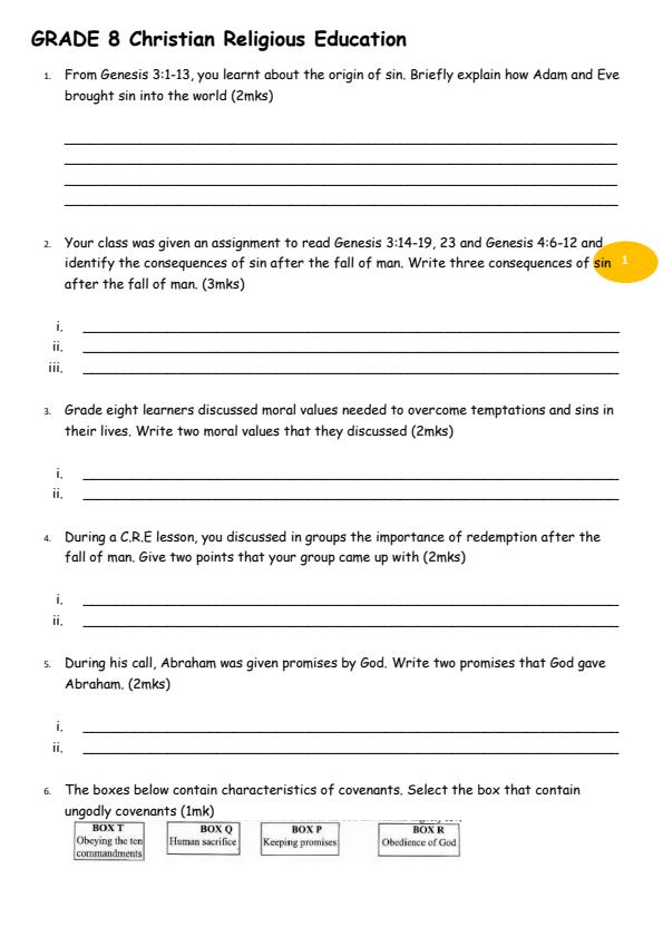 Page 1 – Grade 8 CRE August 2026 Holiday Assignment – Kenyaplex