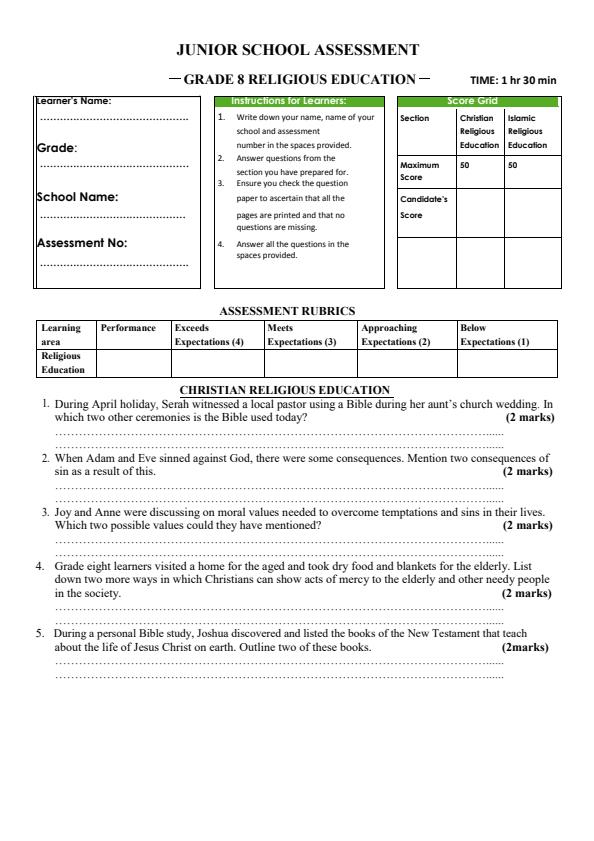 Page 1 – Grade 8 CRE December 2024 Holiday Assignment – Kenyaplex