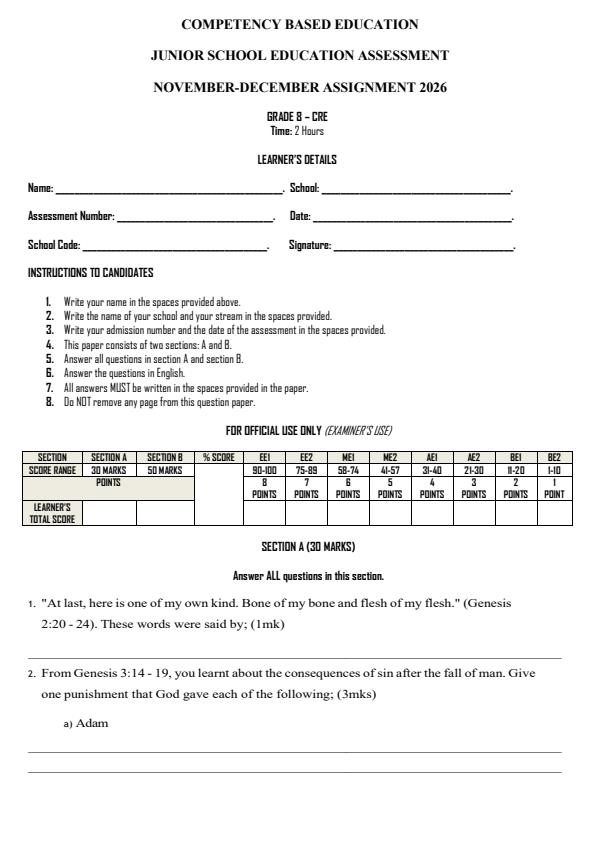 Page 1 – Grade 8 CRE December 2026 Holiday Assignment  – Kenyaplex