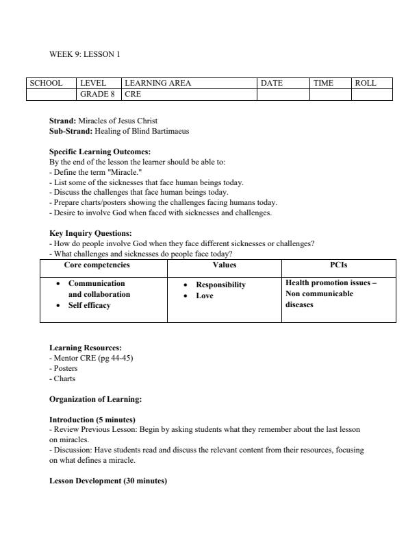 Page 1 – Grade 8 CRE Lesson Plans on Miracles of Jesus Christ – Kenyaplex
