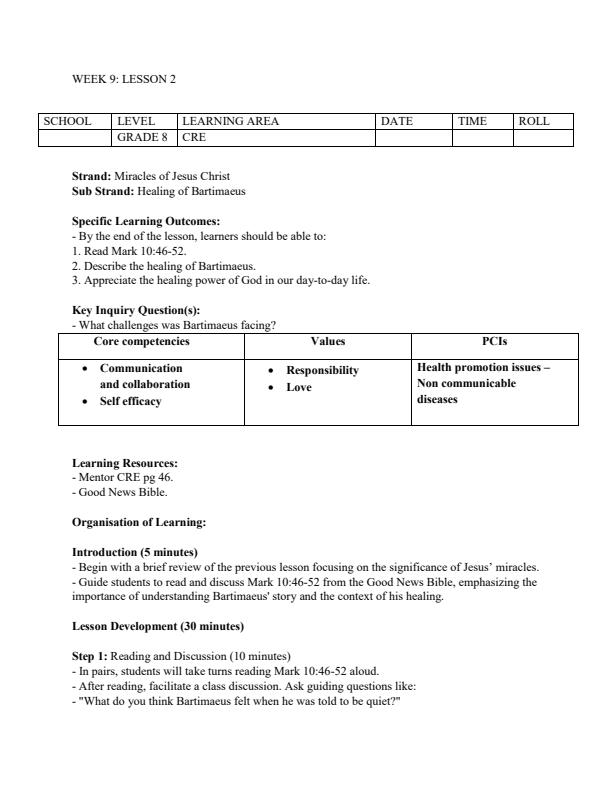 Page 3 – Grade 8 CRE Lesson Plans on Miracles of Jesus Christ – Kenyaplex