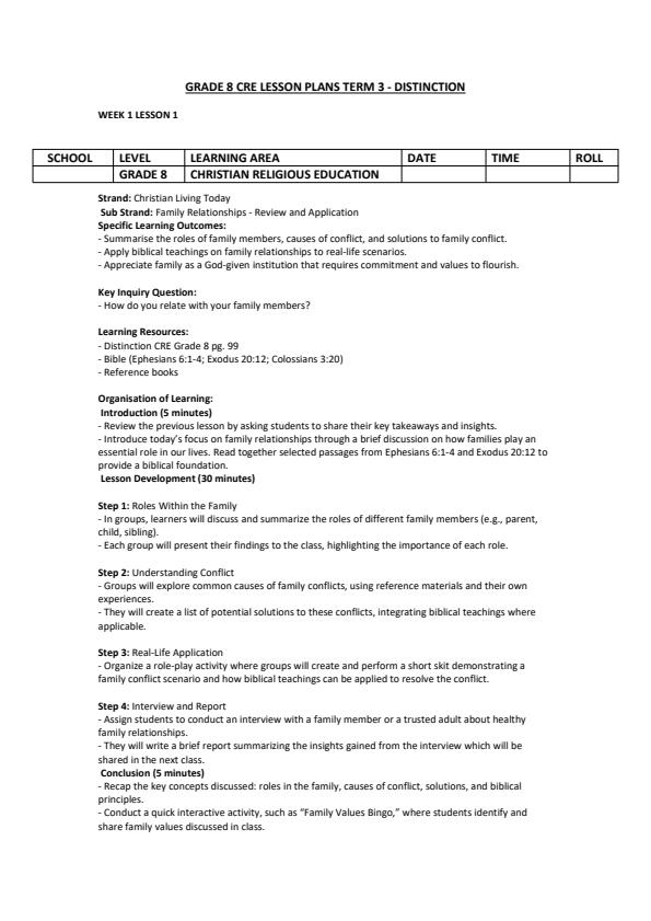 Page 1 – Grade 8 Christian Religious Education Lesson Plans Term 3 - Distinction – Kenyaplex