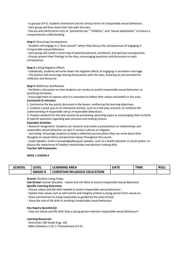Page 4 – Grade 8 Christian Religious Education Lesson Plans Term 3 - Distinction – Kenyaplex