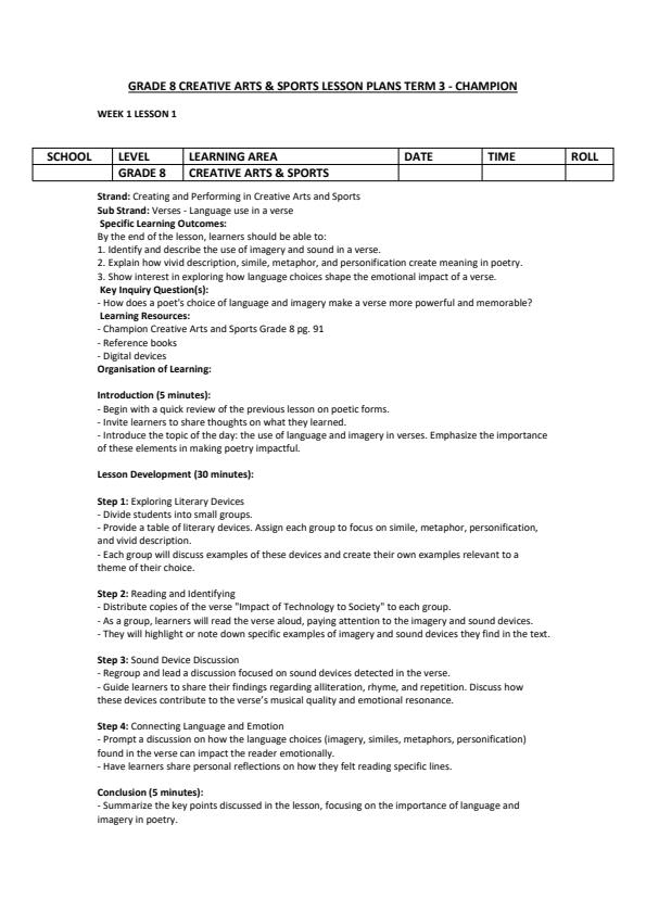 Page 1 – Grade 8 Creative Arts & Sports Lesson Plans Term 3 - Champion – Kenyaplex