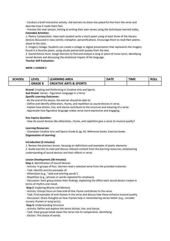 Page 2 – Grade 8 Creative Arts & Sports Lesson Plans Term 3 - Champion – Kenyaplex