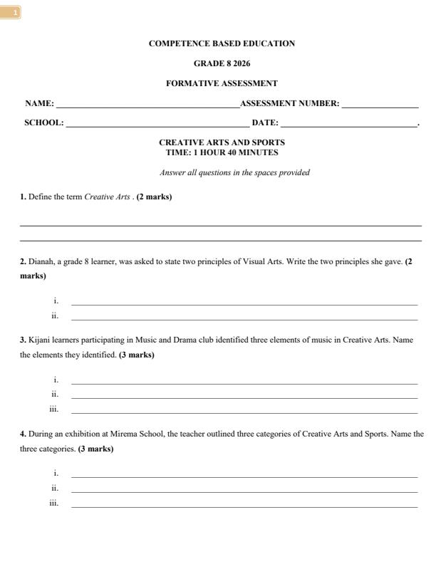 Page 1 – Grade 8 Creative Arts and Sports April 2026 Holiday Assignment – Kenyaplex