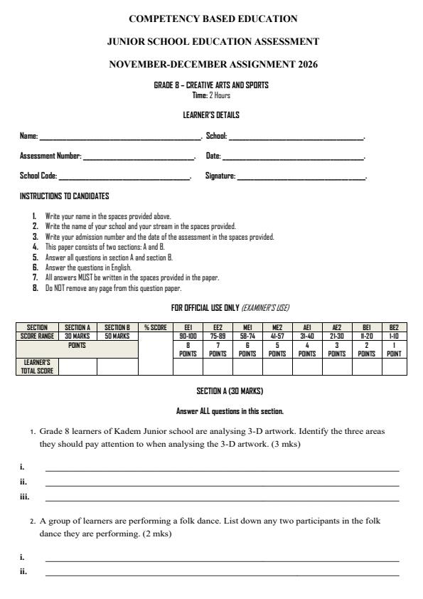 Page 1 – Grade 8 Creative Arts and Sports December 2026 Holiday Assignment – Kenyaplex