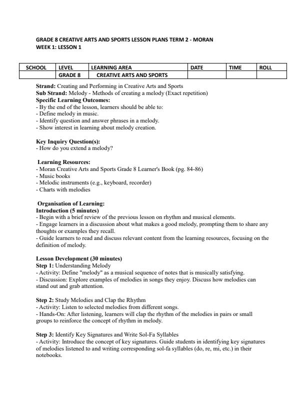 Page 1 – Grade 8 Creative Arts and Sports Lesson Plans Term 2 - Moran – Kenyaplex
