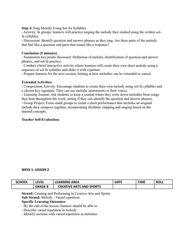 Page 2 – Grade 8 Creative Arts and Sports Lesson Plans Term 2 - Moran – Kenyaplex