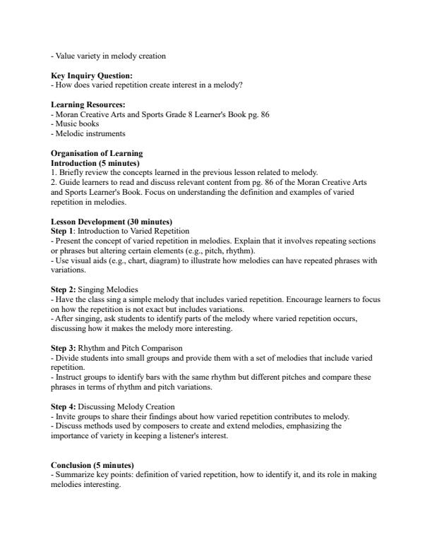 Page 3 – Grade 8 Creative Arts and Sports Lesson Plans Term 2 - Moran – Kenyaplex