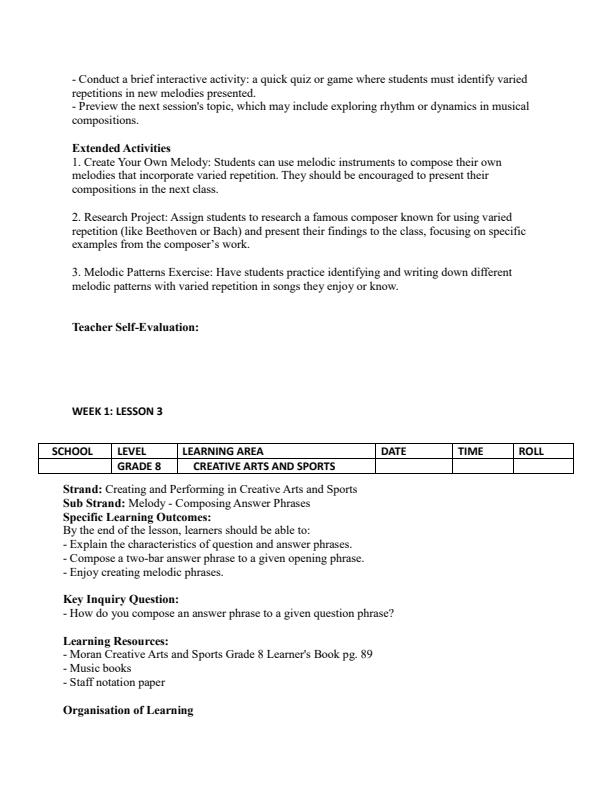 Page 4 – Grade 8 Creative Arts and Sports Lesson Plans Term 2 - Moran – Kenyaplex