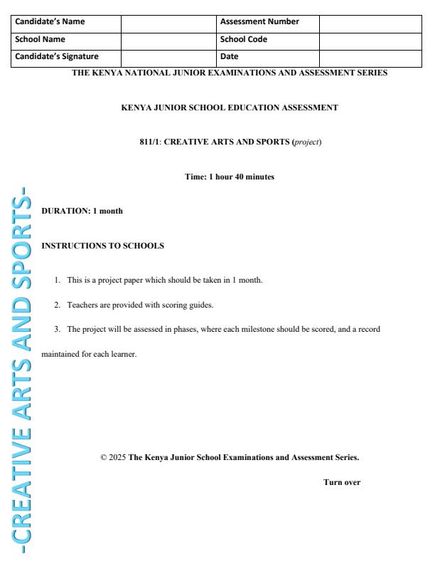Page 1 – Grade 8 Creative Arts and Sports Paper 1 August 2025 Holiday Assignment – Kenyaplex
