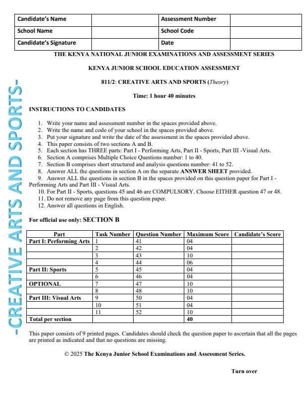 Page 1 – Grade 8 Creative Arts and Sports Paper 2 August 2025 Holiday Assignment – Kenyaplex