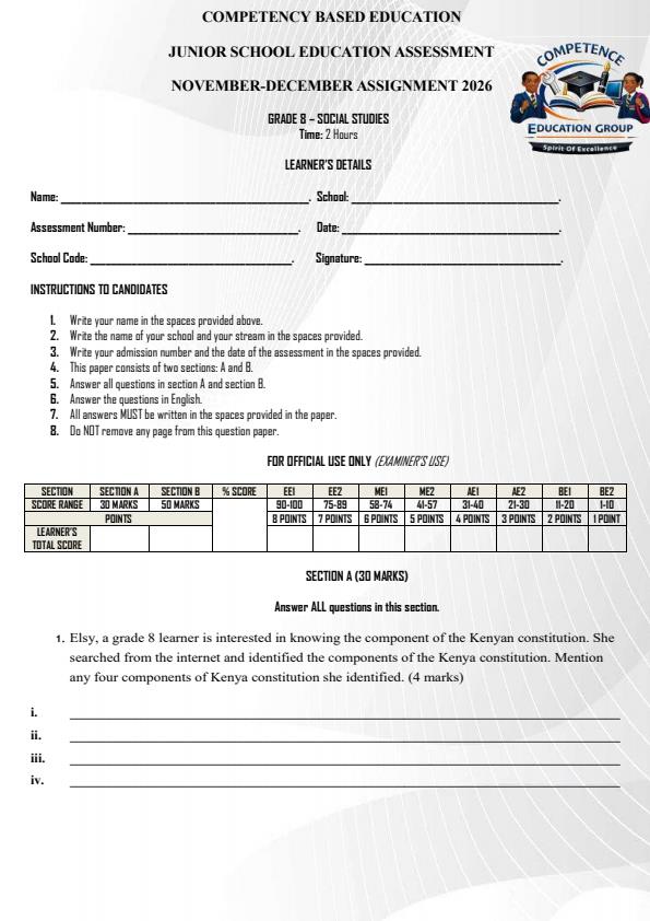 Page 2 – Grade 8 December 2026 Holiday Assignment - Full Set – Kenyaplex