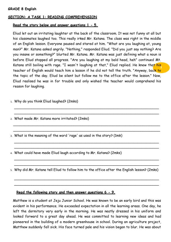 Page 1 – Grade 8 English August 2026 Holiday Assignment – Kenyaplex