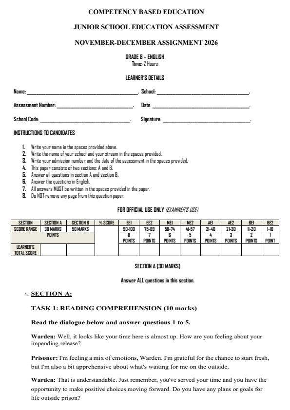 Page 1 – Grade 8 English December 2026 Holiday Assignment – Kenyaplex