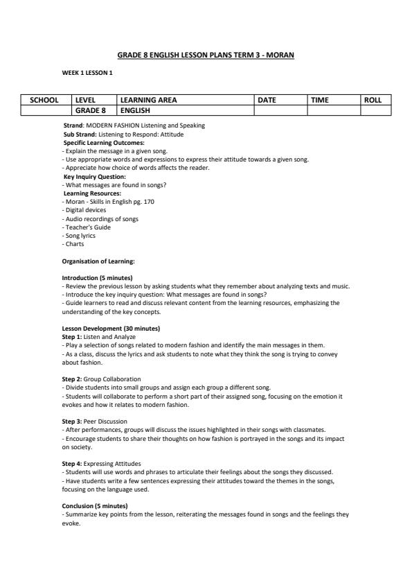 Page 1 – Grade 8 English Lesson Plans Term 3 - Moran – Kenyaplex