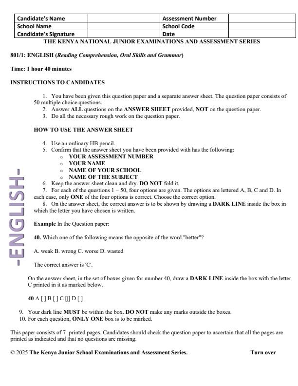Page 1 – Grade 8 English Paper 1 August 2025 Holiday Assignment – Kenyaplex