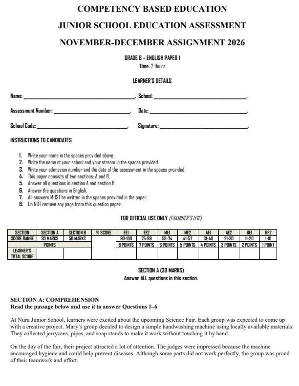 Page 1 – Grade 8 English Paper 1 December 2026 Holiday Assignment – Kenyaplex