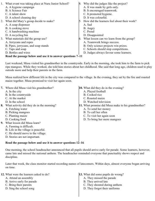 Page 2 – Grade 8 English Paper 1 December 2026 Holiday Assignment – Kenyaplex