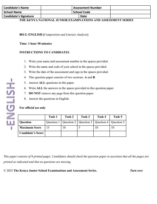 Page 1 – Grade 8 English Paper 2 August 2025 Holiday Assignment – Kenyaplex