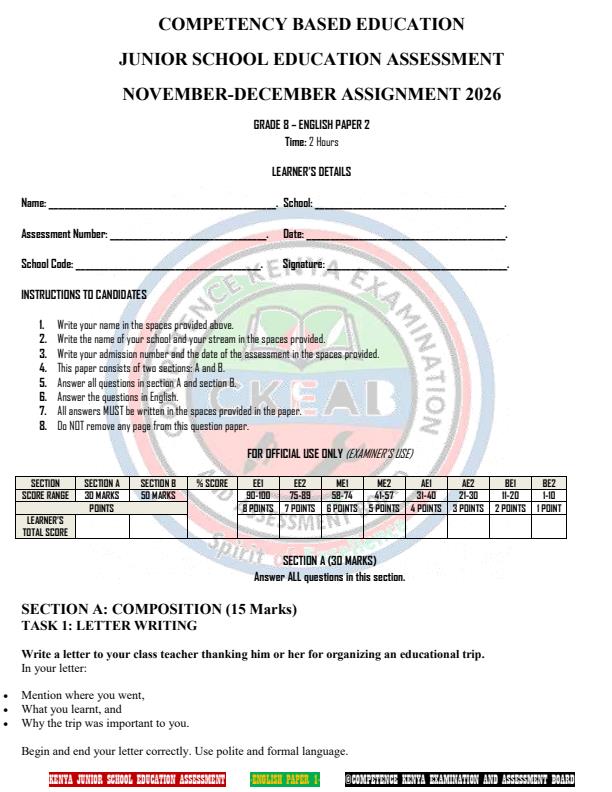 Page 1 – Grade 8 English Paper 2 December 2026 Holiday Assignment – Kenyaplex
