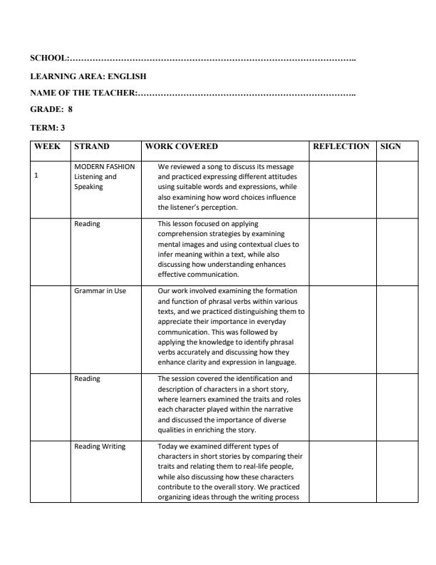 Page 1 – Grade 8 English Records of Work Term 3 - Moran – Kenyaplex