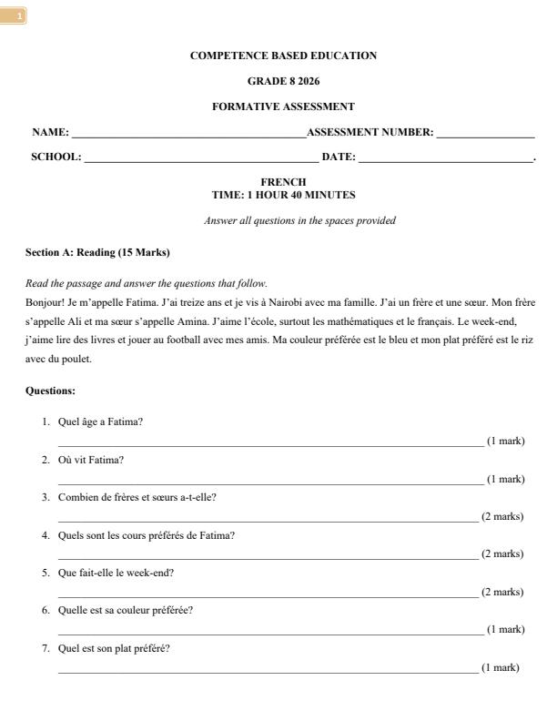 Page 1 – Grade 8 French April 2026 Holiday Assignment – Kenyaplex