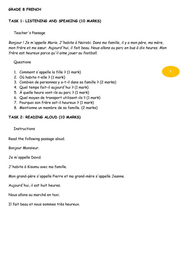 Page 1 – Grade 8 French August 2026 Holiday Assignment – Kenyaplex