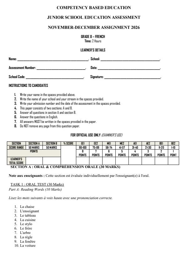 Page 1 – Grade 8 French December 2026 Holiday Assignment – Kenyaplex