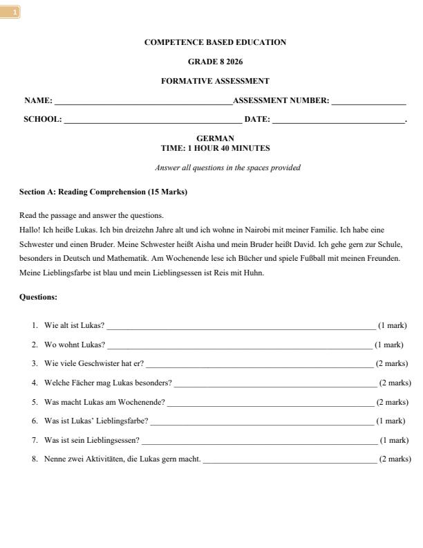Page 1 – Grade 8 German April 2026 Holiday Assignment – Kenyaplex