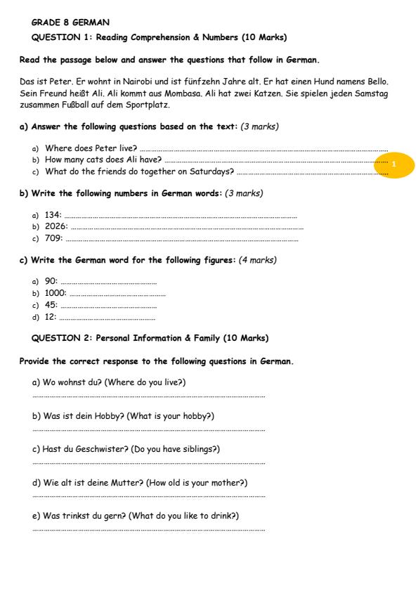 Page 1 – Grade 8 German August 2026 Holiday Assignment – Kenyaplex