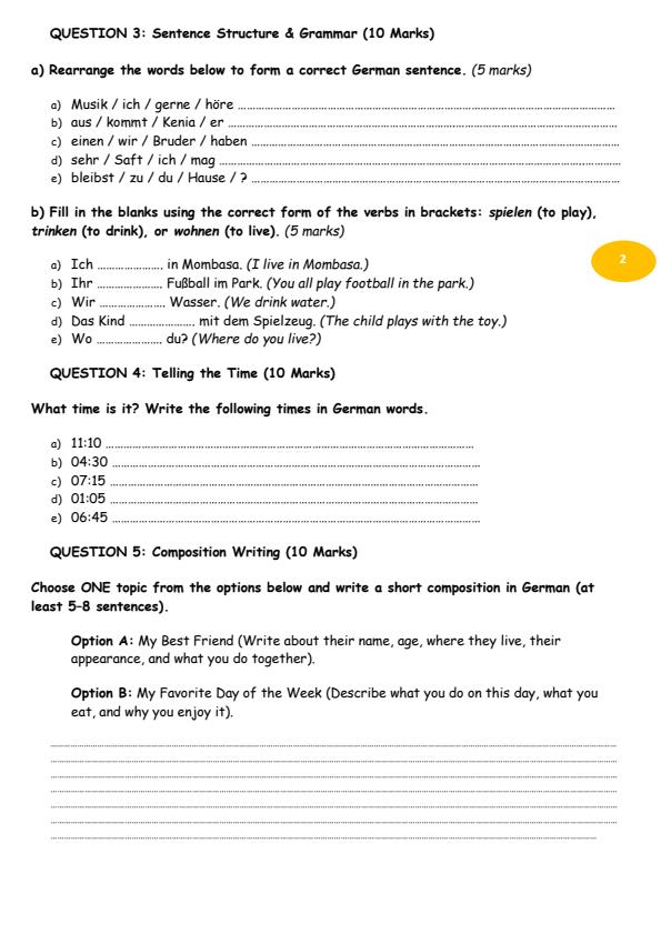 Page 2 – Grade 8 German August 2026 Holiday Assignment – Kenyaplex