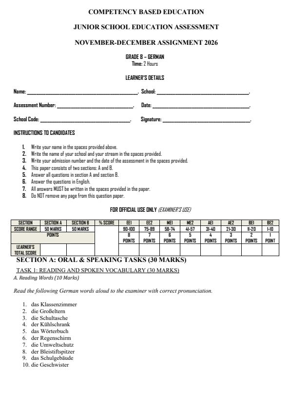 Page 1 – Grade 8 German December 2026 Holiday Assignment – Kenyaplex
