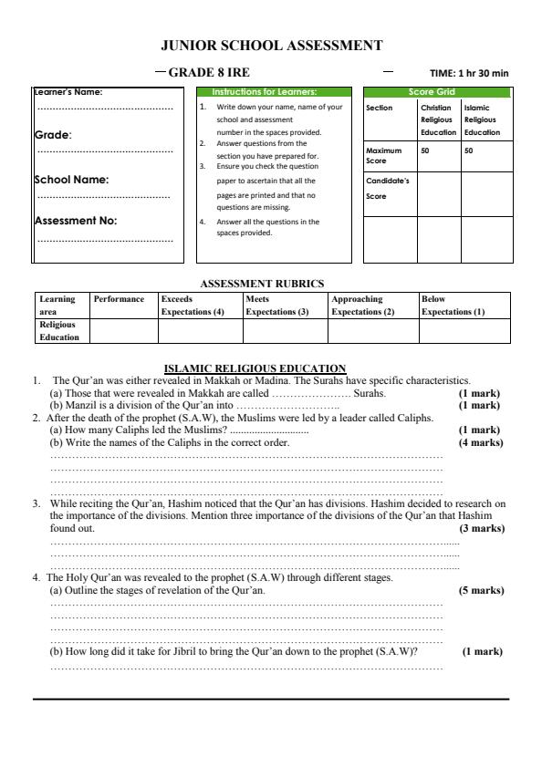 Page 1 – Grade 8 IRE December 2024 Holiday Assignment – Kenyaplex