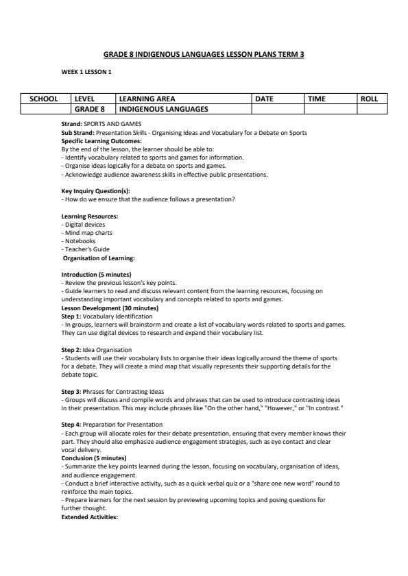 Page 1 – Grade 8 Indigenous Languages Lesson Plans Term 3  – Kenyaplex