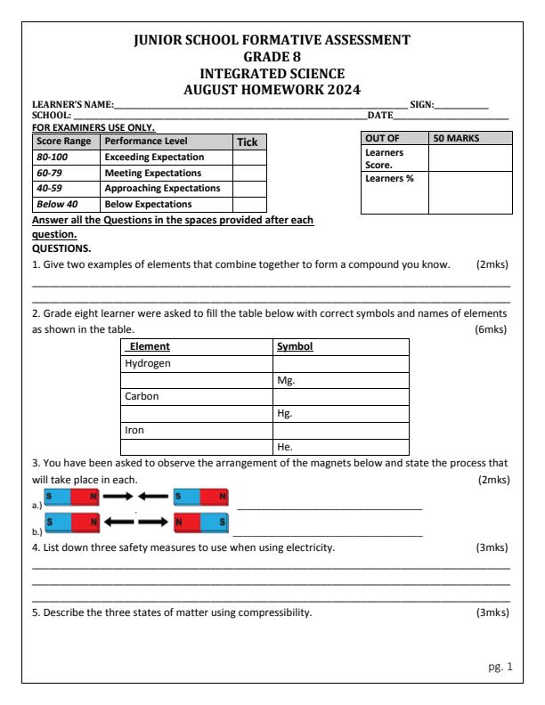 Page 1 – Grade 8 Integrated Science August 2024 Holiday Assignment – Kenyaplex