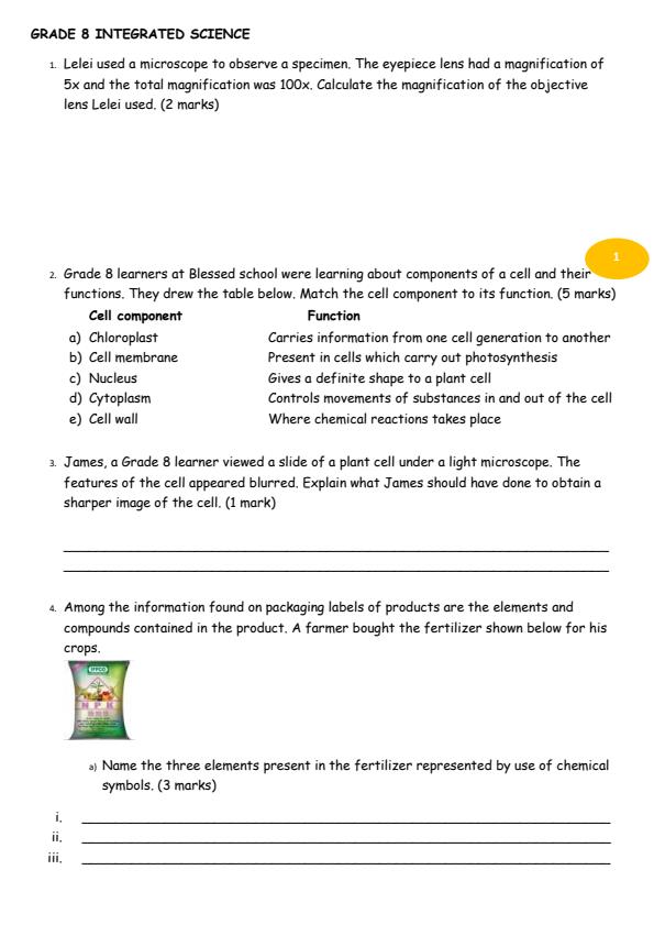 Page 1 – Grade 8 Integrated Science August 2026 Holiday Assignment – Kenyaplex