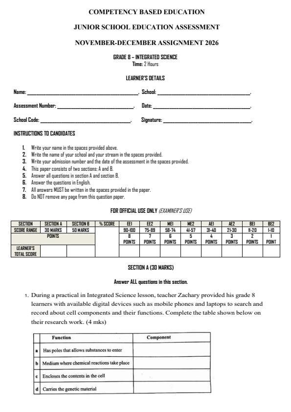 Page 1 – Grade 8 Integrated Science December 2026 Holiday Assignment – Kenyaplex