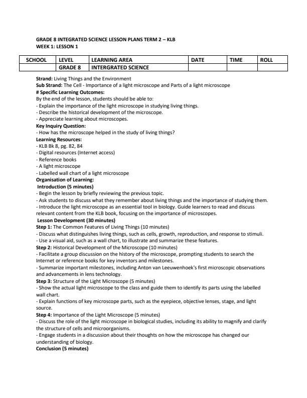 Page 1 – Grade 8 Integrated Science Lesson Plans Term 2 - KLB – Kenyaplex