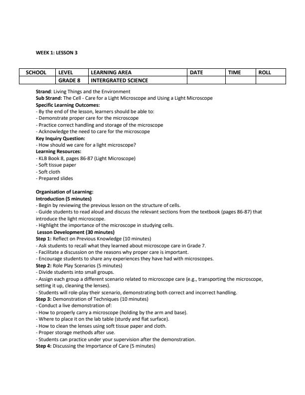 Page 4 – Grade 8 Integrated Science Lesson Plans Term 2 - KLB – Kenyaplex