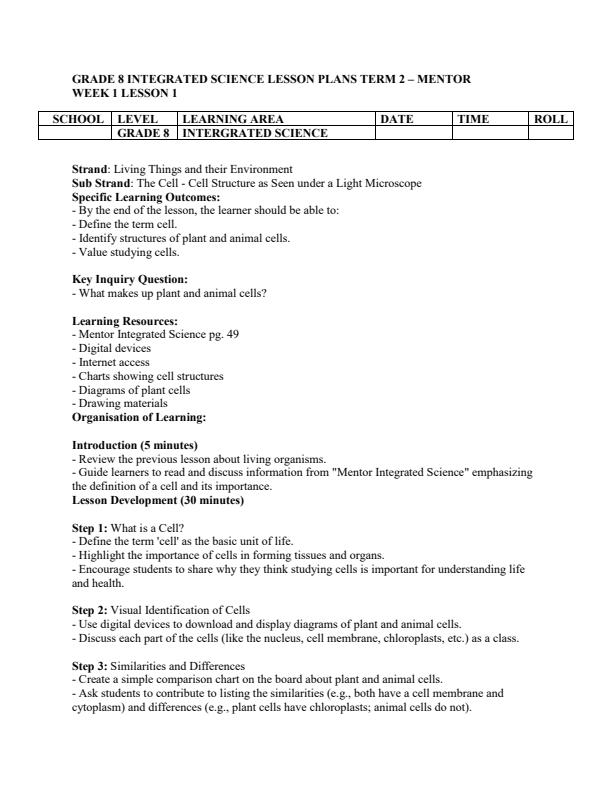 Page 1 – Grade 8 Integrated Science Lesson Plans Term 2 - Mentor – Kenyaplex