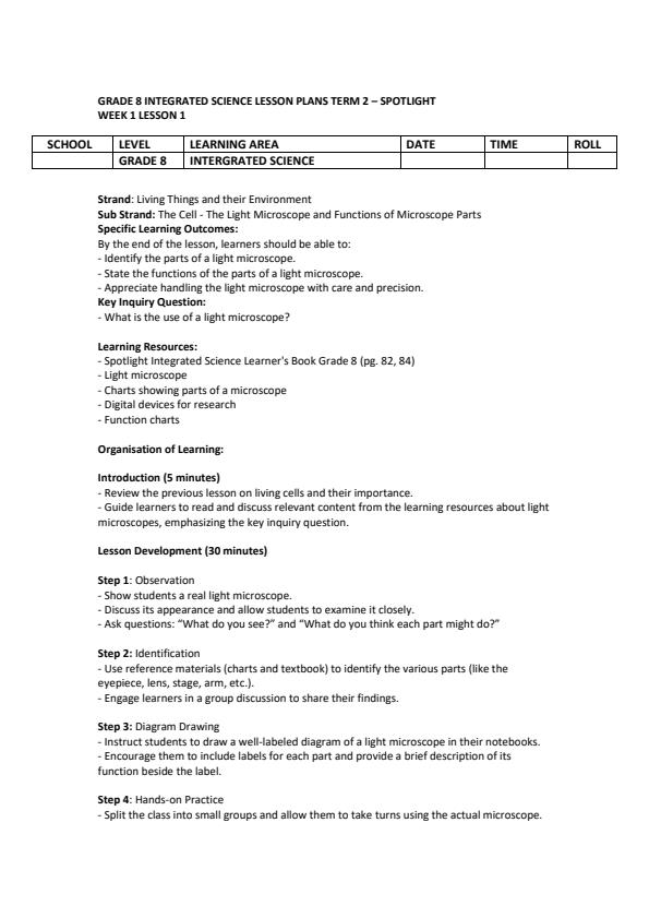 Page 1 – Grade 8 Integrated Science Lesson Plans Term 2 - Spotlight – Kenyaplex