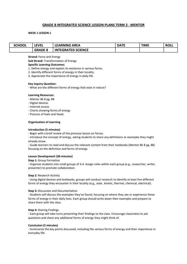 Page 1 – Grade 8 Integrated Science Lesson Plans Term 3 - Mentor – Kenyaplex