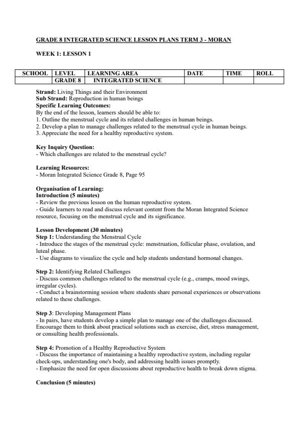 Page 1 – Grade 8 Integrated Science Lesson Plans Term 3 - Moran – Kenyaplex