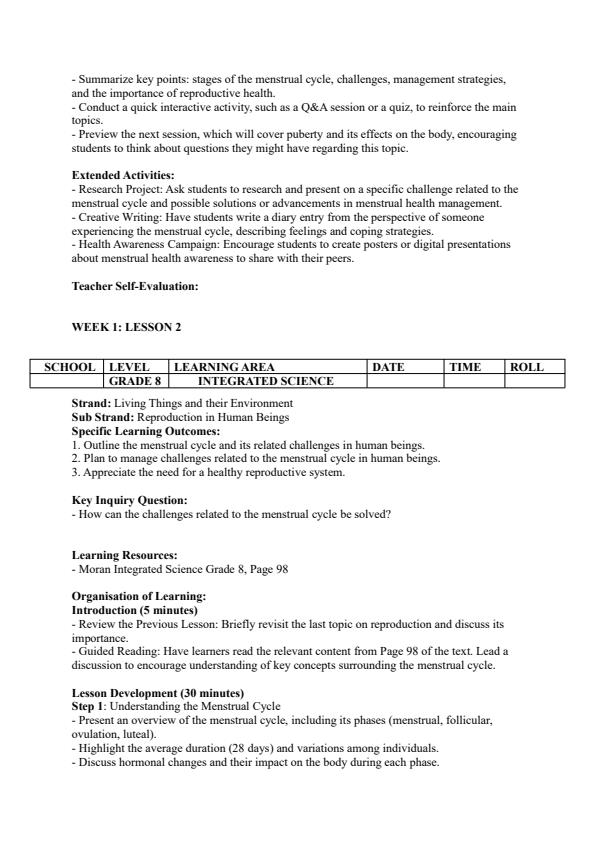 Page 2 – Grade 8 Integrated Science Lesson Plans Term 3 - Moran – Kenyaplex