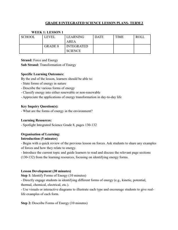Page 1 – Grade 8 Integrated Science Lesson Plans Term 3 - Rationalized – Kenyaplex
