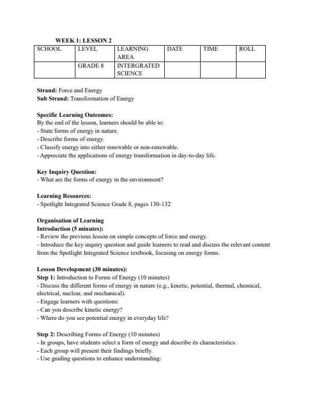 Page 3 – Grade 8 Integrated Science Lesson Plans Term 3 - Spotlight – Kenyaplex