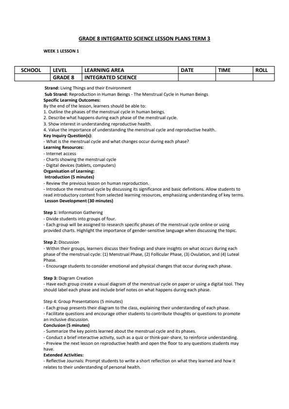 Page 1 – Grade 8 Integrated Science Lesson Plans Term 3  – Kenyaplex